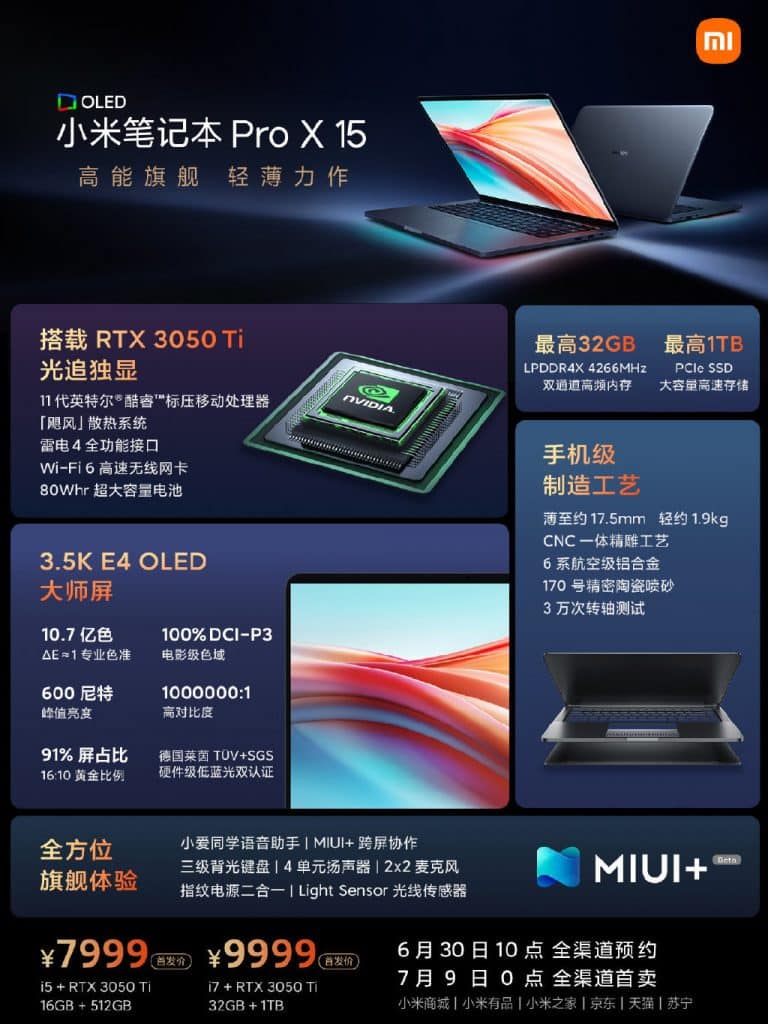 Xiaomi Mi Notebook Pro X 15 OLED with Tiger Lake-H processors & RTX 3050 Ti launched, starts at 7999 yuan