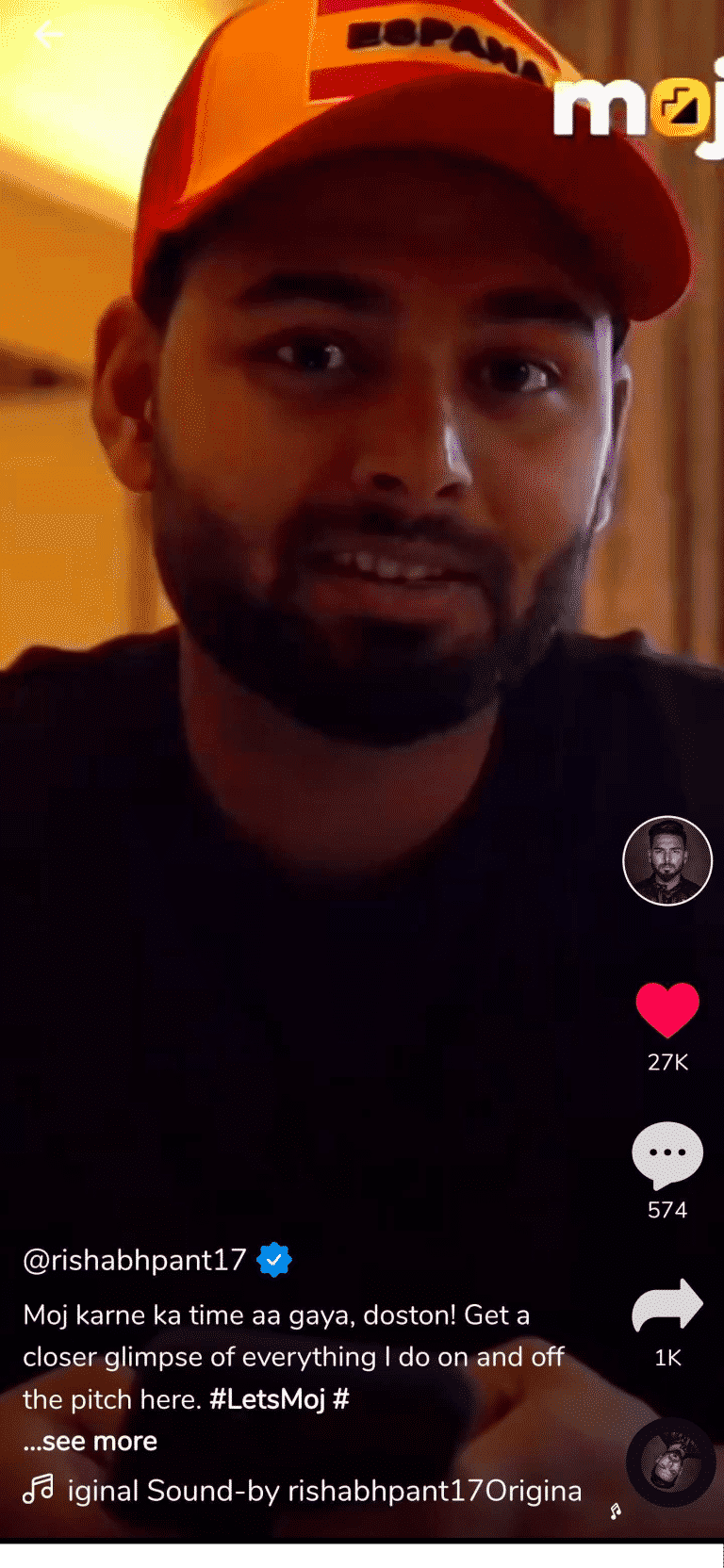Indian cricket sensation Rishabh Pant spices up Swipe-Up moment for the Moj community