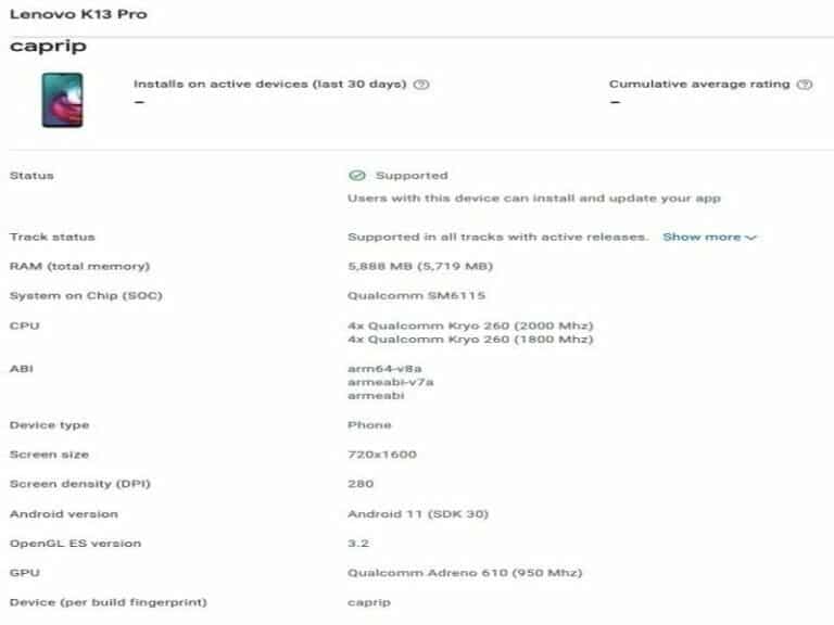 Lenovo K13 Pro and K13 Note listed on Google Play Console 