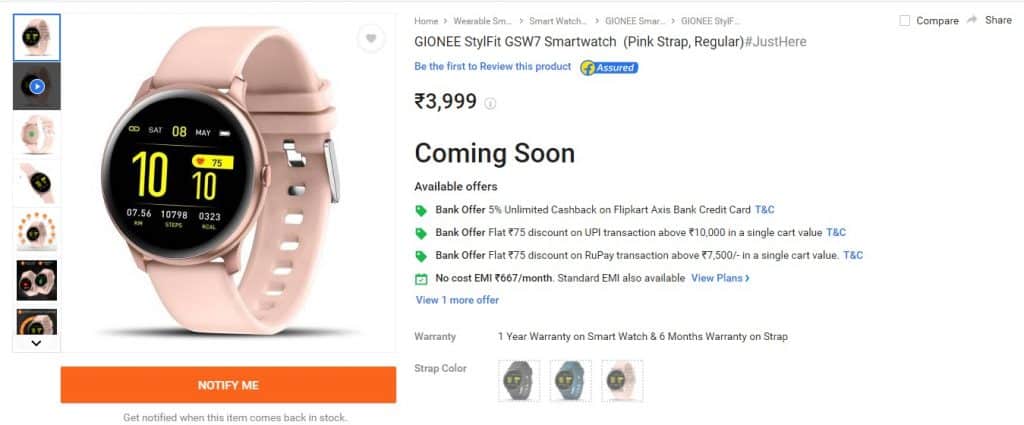 Gionee Smartwatch 7 (StylFit GSW7) launched in India with a huge battery and SpO2 meter