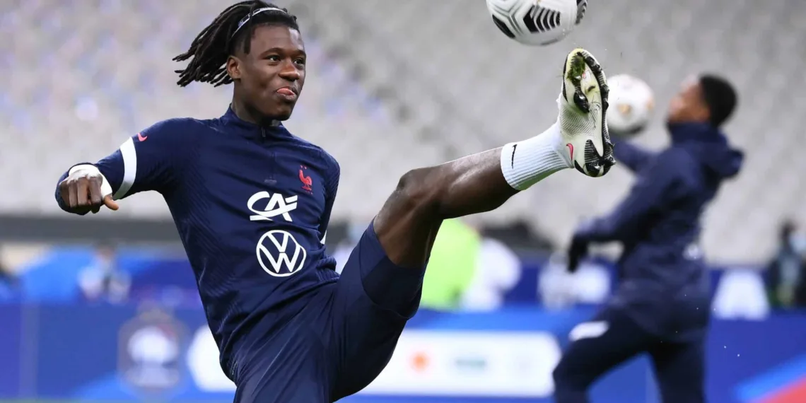 France's midfielder Eduardo Camavinga warms up ahead of the Nations League football match between France and Portugal, on October 11, 2020 at the Stade de France in Saint-Denis, outside Paris. (Photo by FRANCK FIFE / AFP) (Photo by FRANCK FIFE/AFP via Getty Images)