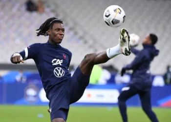 France's midfielder Eduardo Camavinga warms up ahead of the Nations League football match between France and Portugal, on October 11, 2020 at the Stade de France in Saint-Denis, outside Paris. (Photo by FRANCK FIFE / AFP) (Photo by FRANCK FIFE/AFP via Getty Images)