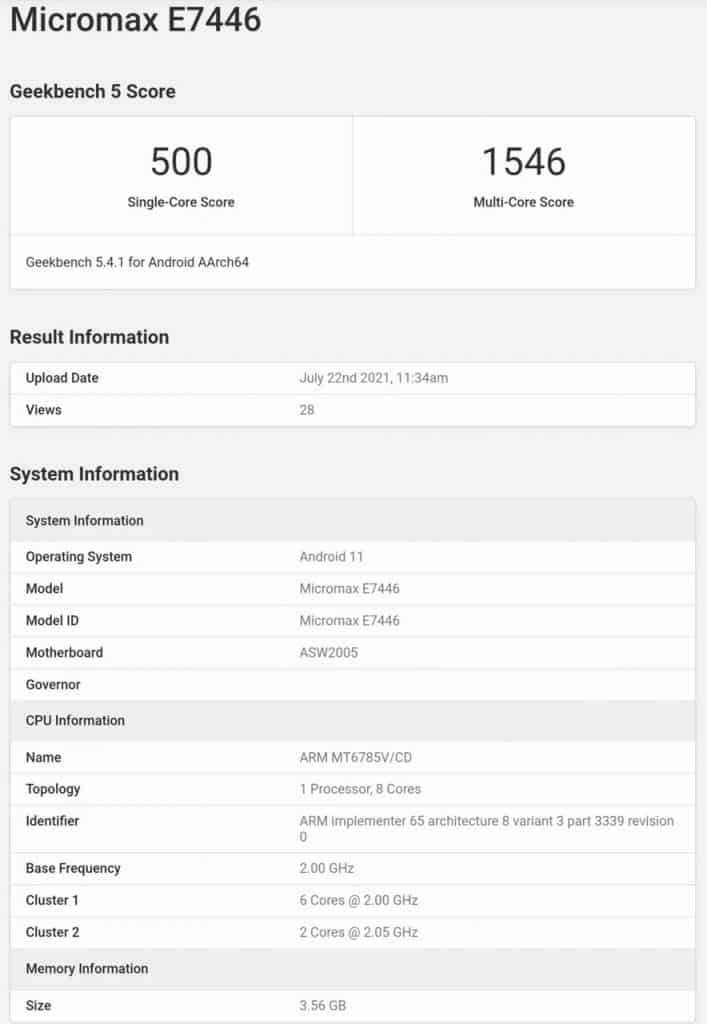 Micromax E7446 Geekbench Micromax E7746 powered by the MediaTek Helio G95 appears on Geekbench