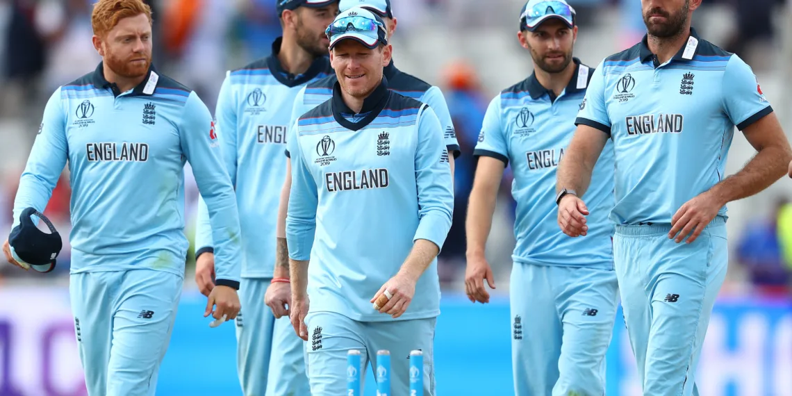 BIRMINGHAM, ENGLAND - JUNE 30:  Eoin Morgan (c) alongside Jonny Bairstow (l) and Liam Plunkett (r) following his side's 31 run victory during the Group Stage match of the ICC Cricket World Cup 2019 between England and India at Edgbaston on June 30, 2019 in Birmingham, England. (Photo by Michael Steele/Getty Images)