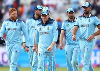 BIRMINGHAM, ENGLAND - JUNE 30:  Eoin Morgan (c) alongside Jonny Bairstow (l) and Liam Plunkett (r) following his side's 31 run victory during the Group Stage match of the ICC Cricket World Cup 2019 between England and India at Edgbaston on June 30, 2019 in Birmingham, England. (Photo by Michael Steele/Getty Images)