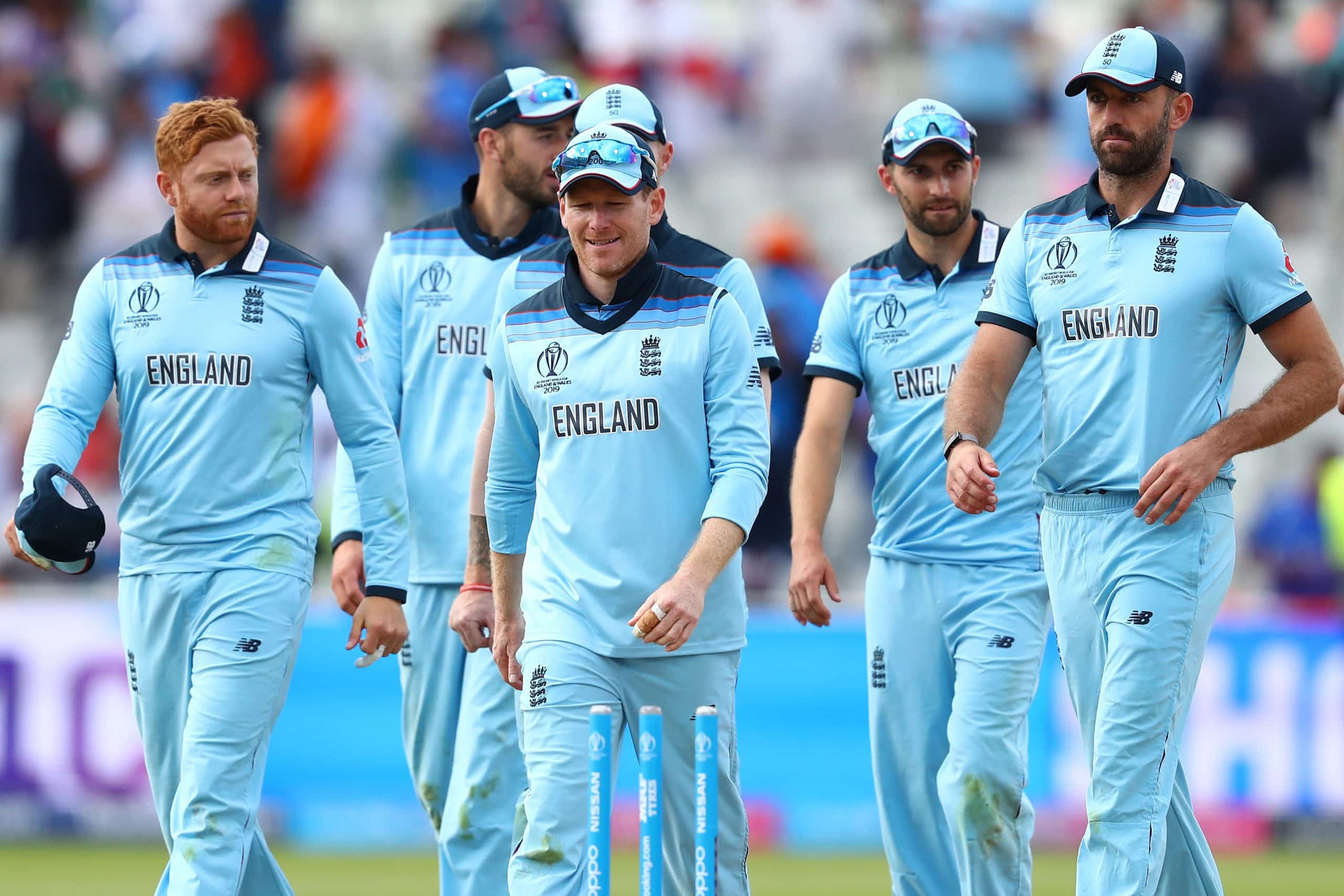 BIRMINGHAM, ENGLAND - JUNE 30:  Eoin Morgan (c) alongside Jonny Bairstow (l) and Liam Plunkett (r) following his side's 31 run victory during the Group Stage match of the ICC Cricket World Cup 2019 between England and India at Edgbaston on June 30, 2019 in Birmingham, England. (Photo by Michael Steele/Getty Images)