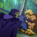 In a CG animated still from Masters of the Universe: Revelation, Skeletor (left), who wears a purple cloak and hood over his skull, grips his spear in a battle against He-Man (right), a strong shirtless blonde male with a golden armored belt and wrist plates holding a silver sword. The two are standing face to face in a forest with bright foliage.