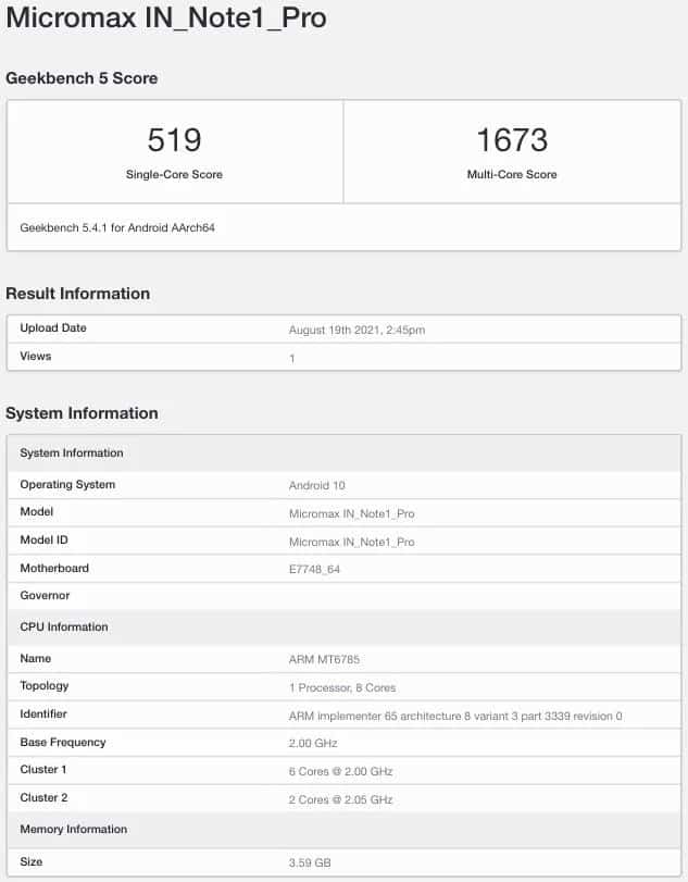 1 13 Micromax In note 1 Pro with Helio G90 chipset appears on Geekbench