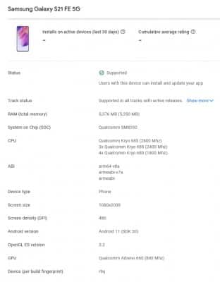 gsmarena 001 2 Samsung Galaxy S21 FE 5G appears on Google Play Console with Snapdragon 888 SoC and 6GB RAM
