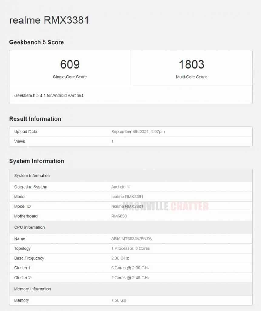 Realme RMX3381 Geekbench Realme RMX3381 spotted with MediaTek Dimensity 810, will feature an 8GB RAM