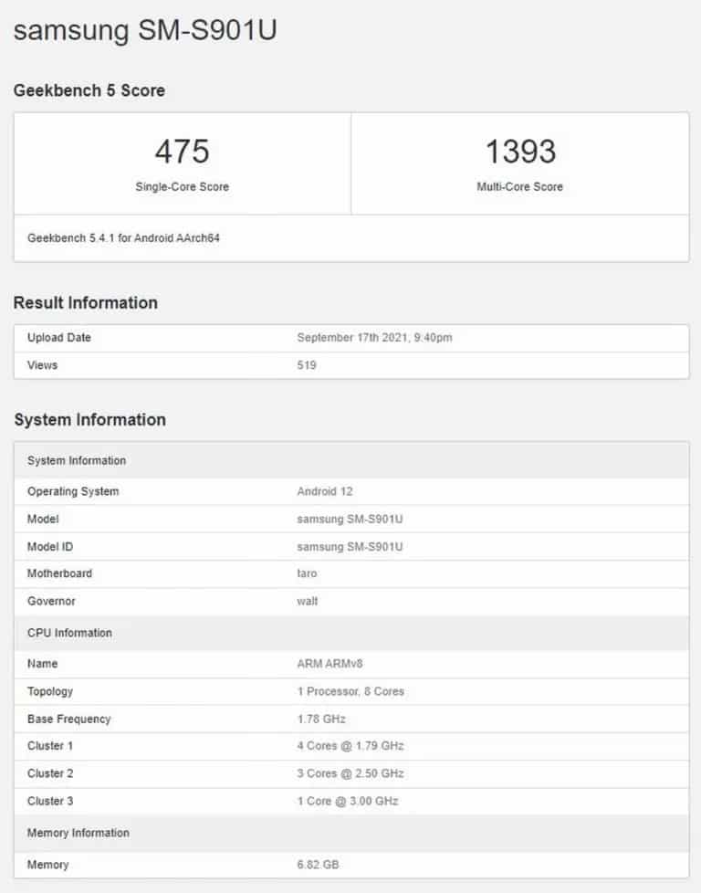 Samsung Galaxy S22 spotted on Geekbench with Snapdragon 895 | Details here....