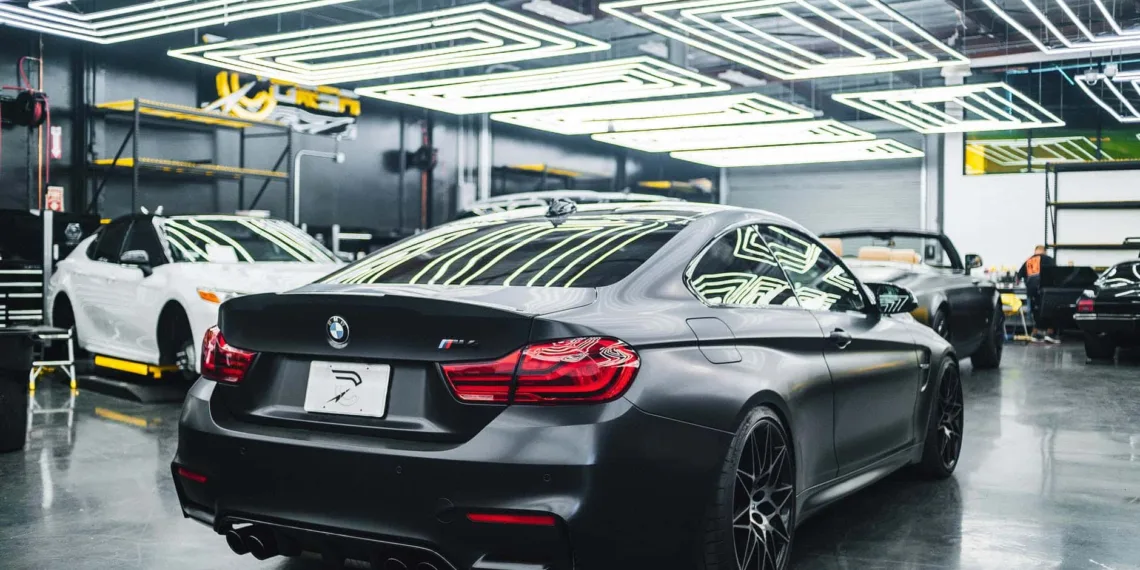 black car parked in modern garage