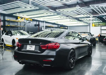 black car parked in modern garage