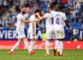 BARCELONA, SPAIN - OCTOBER 03: Karim Benzema of Real Madrid celebrates with teammates after scoring their side's first goal during the La Liga Santander match between RCD Espanyol and Real Madrid CF at RCDE Stadium on October 03, 2021 in Barcelona, Spain. (Photo by David Ramos/Getty Images)