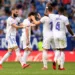 BARCELONA, SPAIN - OCTOBER 03: Karim Benzema of Real Madrid celebrates with teammates after scoring their side's first goal during the La Liga Santander match between RCD Espanyol and Real Madrid CF at RCDE Stadium on October 03, 2021 in Barcelona, Spain. (Photo by David Ramos/Getty Images)