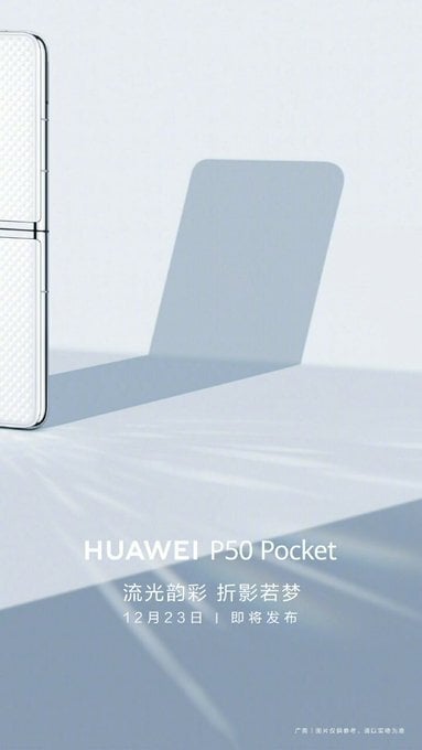 Huawei P50 Pocket specifications surface features a 6.85″ display, and 50MP triple cameras