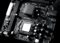 grayscale photo of motherboard