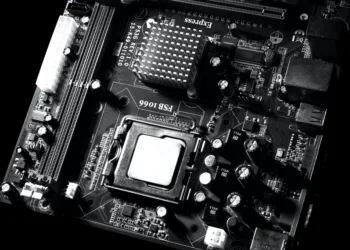 grayscale photo of motherboard