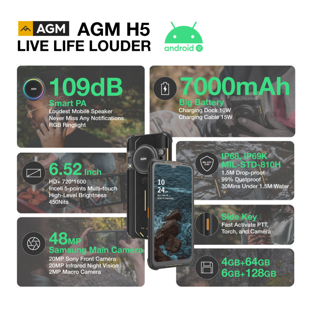 H5 2 AGM H5 is a rugged smartphone with Android 12 support and 109dB Loudest Speaker