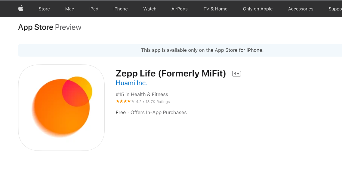 MiFit as Zepp on Apple Store