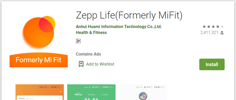 MiFit as Zepp on PlayStore
