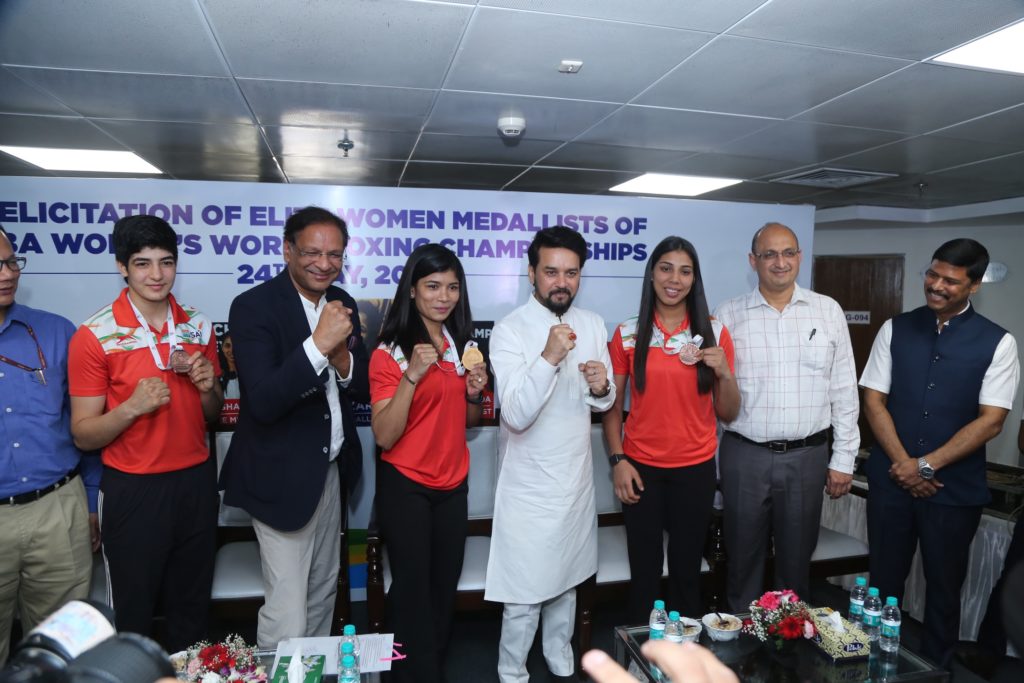 BFI and SAI felicitate 12th World Championships medallists Nikhat, Parveen and Manisha