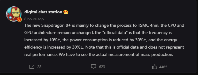 unknown Snapdragon 8 Gen1 Plus leak reveals 10% overclocking and a 30% rise in energy efficiency