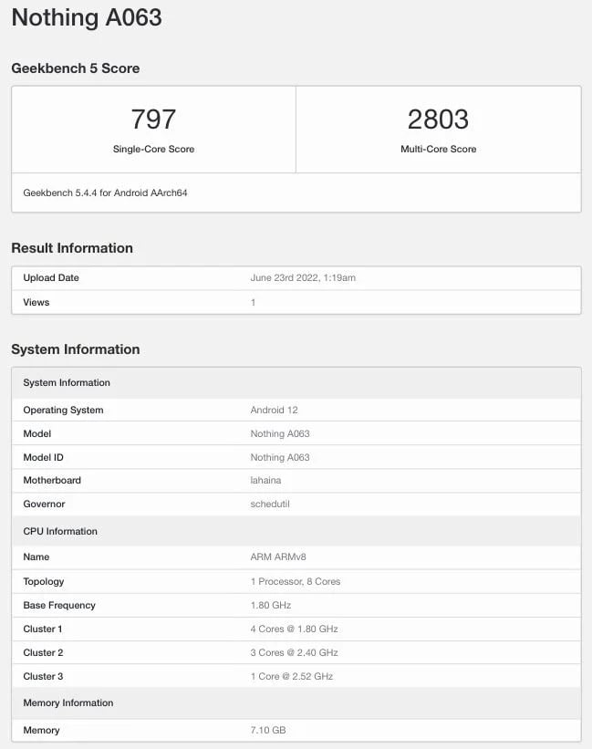 Nothing Phone(1) Geekbench listing