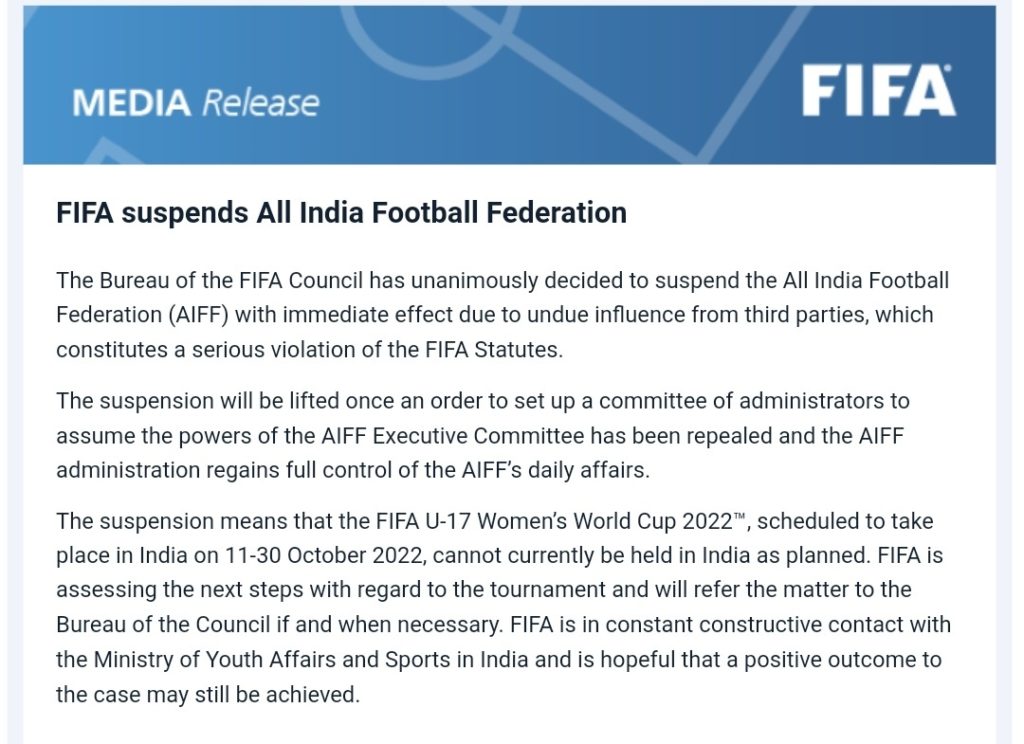 FIFA suspends All India Football Federation because of ‘third party influence’