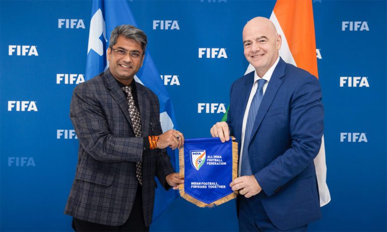 AIFF President Kalyan Chaubey meets FIFA President Gianni Infantino in Doha