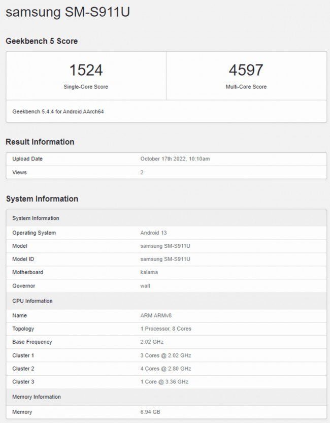 Samsung Galaxy S23 with Snapdragon 8 Gen 2 examined by Geekbench