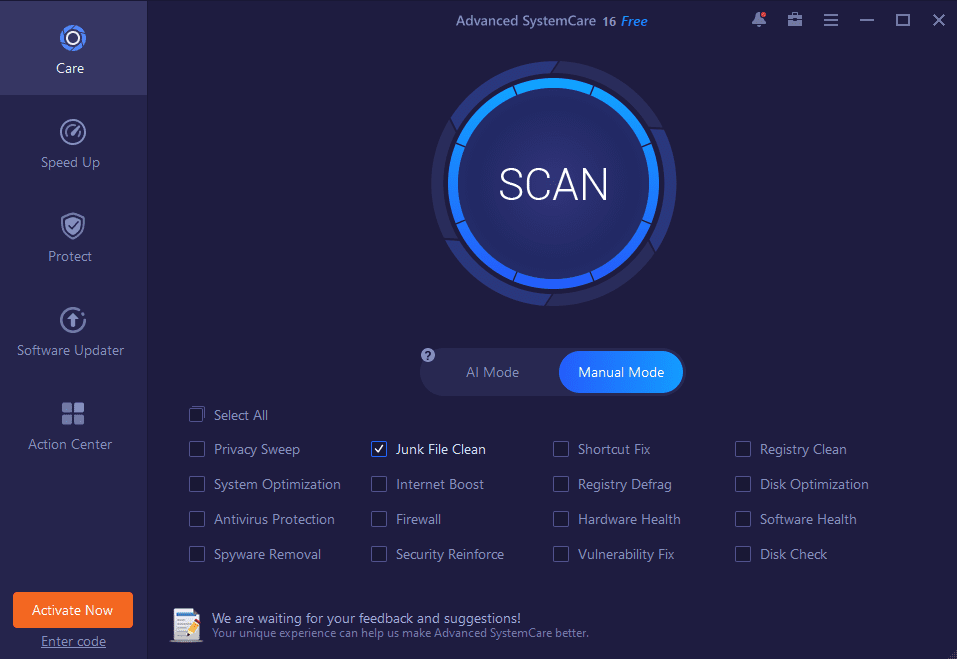 2.Scan Manual Mode FREE GIVEAWAY: Advanced SystemCare 16 Pro license FREE for first 500 people