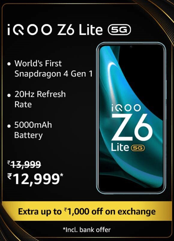 Cheapest Snapdragon 4 Gen 1 phone iQOO Z6 Lite 5G on sale for ₹11,999
