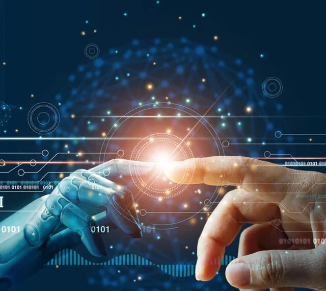 AI, Machine learning, Hands of robot and human touching on big data network connection background, Science and artificial intelligence technology, innovation and futuristic.