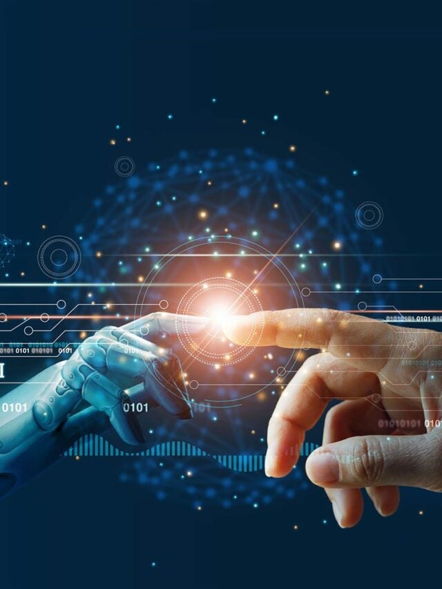 AI, Machine learning, Hands of robot and human touching on big data network connection background, Science and artificial intelligence technology, innovation and futuristic.