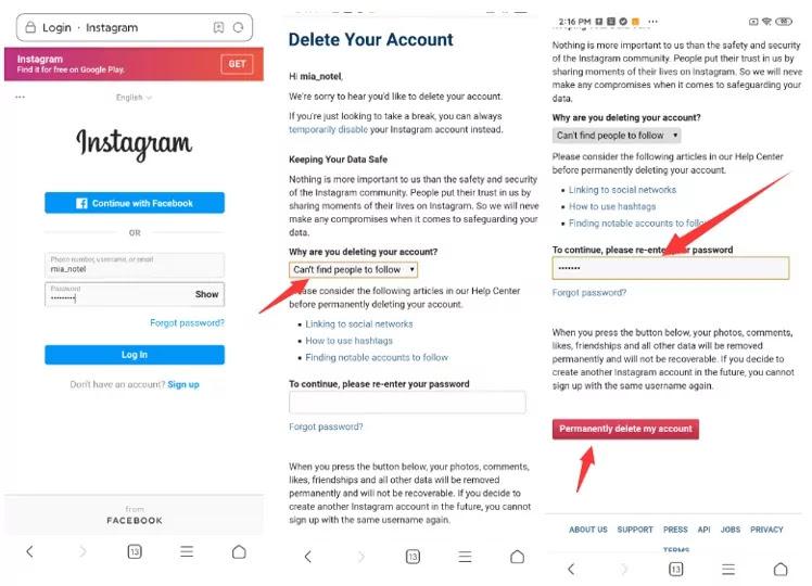 how delete a Instagram account