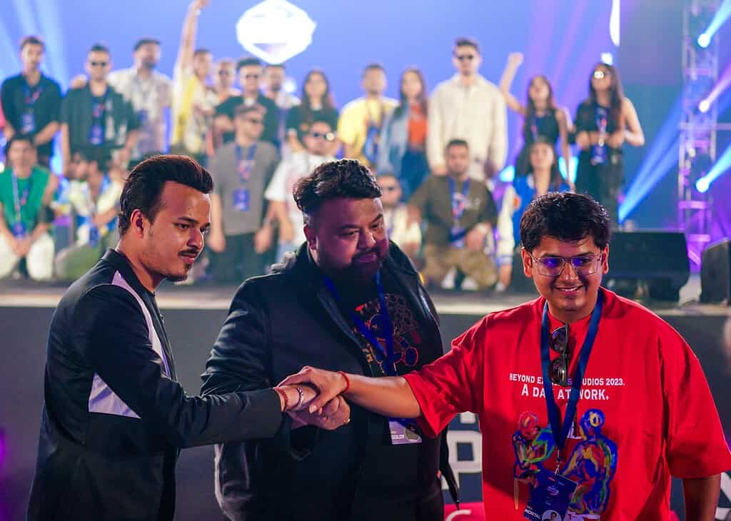 From L R Animesh Agarwal aka 8Bit Thug Co Founder CEO S8UL Esports Lokesh Jain aka Goldy Co founder COO S8UL Esports Naman Mortal Mathur Co owner S8UL Esports with the S8UL squad at Fest S8UL Gaming Fest Takes Bangalore by Storm with Thrilling Spectacle of Gamers and Fans