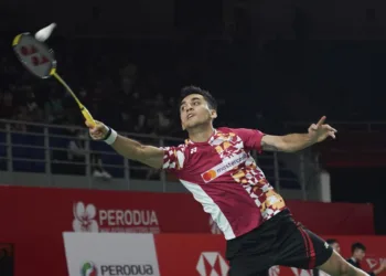 Lakshya Sen in action during the Canada Open 2023