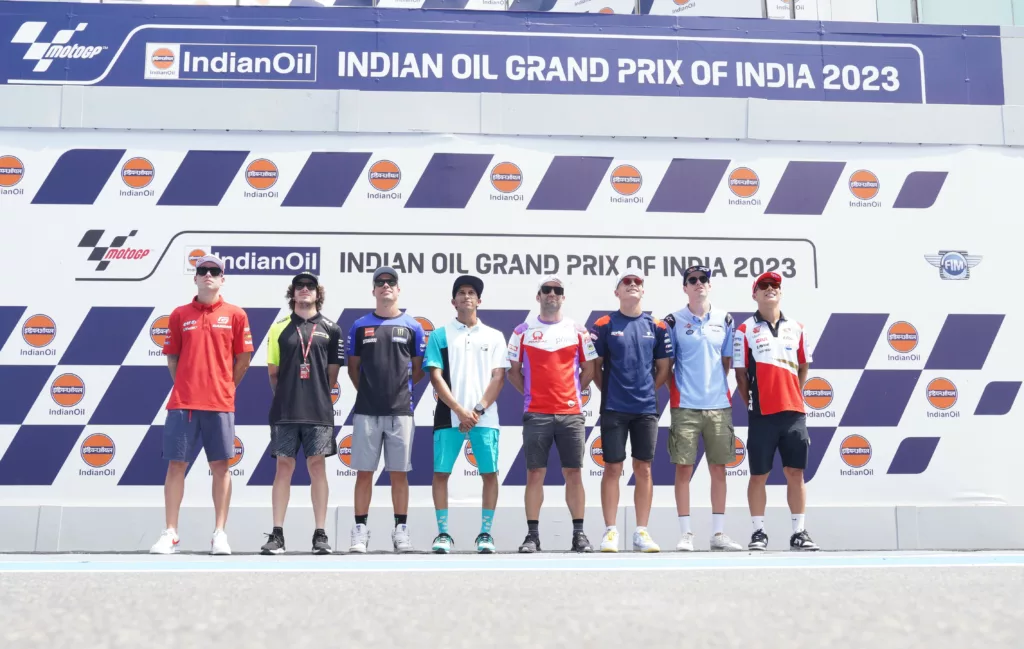 Augusto Fernandez Marco Bezzecchi Franco Morbidelli Kadai Yaseen Ahamed Johann Zarco Raul Fernandez Alex Marquez and Takaaki Nakagami at BIC for IndianOil MotoGP Bharat Left to Right MotoGP™ riders embrace Indian culture and cricket ahead of first-ever Indian Grand Prix