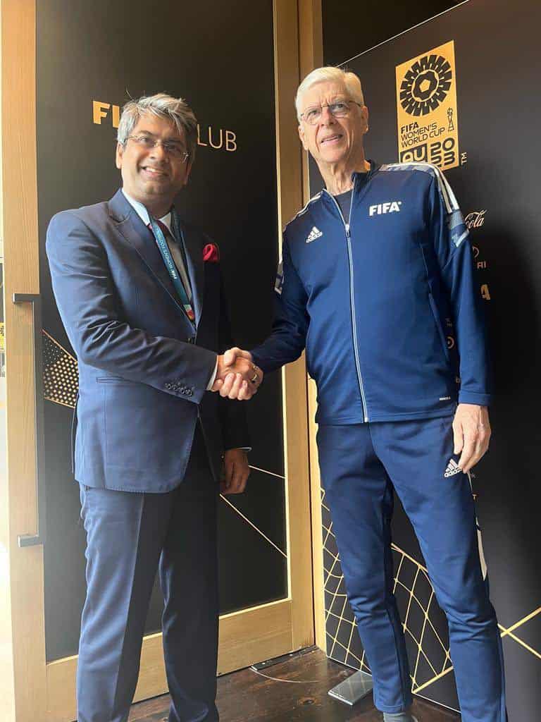 Kalyan Chaubey with Arsene Wenger Image via Twitter All the highlights as Arsene Wenger visits Football House on Nov 20,2023