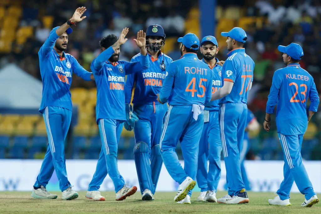 Team India Celebrating Jadeja taking a Wicket Image via Twitter Rohit Sharma's Historic Milestone: Becomes the Second Fastest to 10,000 ODI Runs