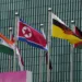 Flags of participating countries, among them North Korea, India, and Brunei, are hoisted at the Athletes Village at the 19th Asian Games in Hangzhou, China, Thursday, Sept. 21, 2023. (AP Photo/Ng Han Guan)