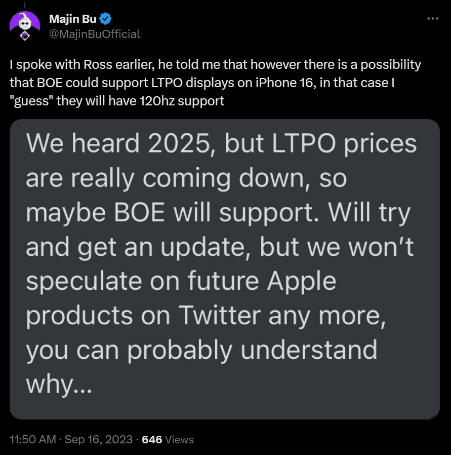 BOE to supply iPhone 16 plus with LTPO panels 