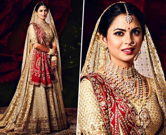 isha ambani lehenga gold anand piramal Most Expensive Bridal Lehengas Worn By Bollywood Brides