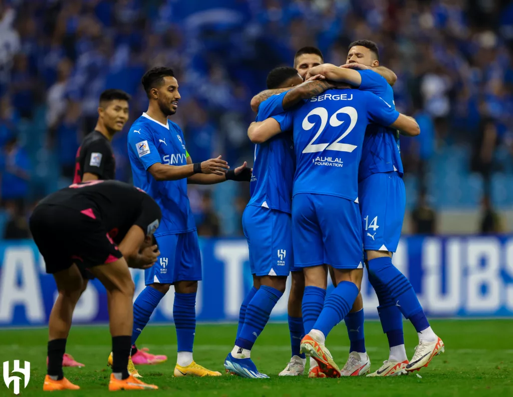 Al Hilal Celebrating their Goal against Mumbai City FC Image via Twitter Mumbai City FC Suffers Defeat in AFC Champions League 2023-24: Al Hilal Dominates with 6-0 Victory