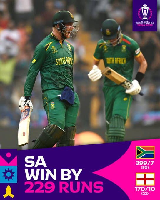 F8 England vs South Africa : South Africa Crushes England by 229 Runs