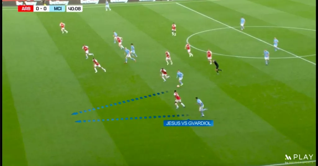 Jesus being late to track Gvardiols Overlapping run Image via Twitter Arsenal vs Manchester: Tactical Analysis on How Mikel Arteta Finally Beat Pep Guardiola
