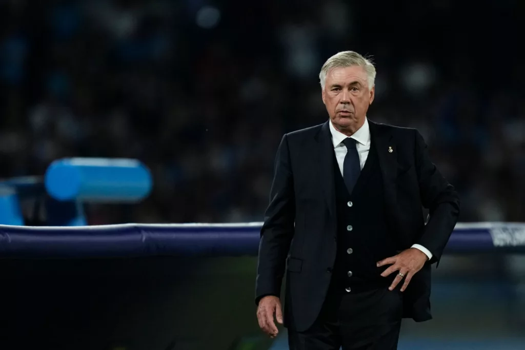Carlo Ancelotti head coach of Real Madrid during the UEFA Champions League match between SCC Napoli and Real Madrid at Stadio Diego Armando Maradona on October 3, 2023 in Naples, Italy.  (Photo by Jose Breton/Pics Action/NurPhoto via Getty Images)