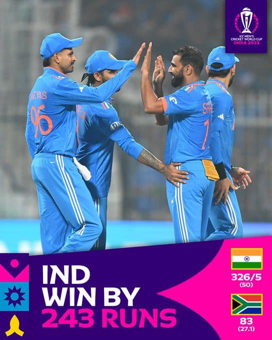 F LdvyBXUAAZB2F ICC World Cup 2023 - India vs South Africa: Kohli and Jadeja Shines as India Dominates South Africa