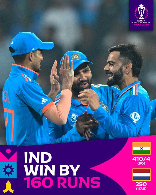 F ICC World Cup 2023 - India vs Netherlands: Dominant IND Tames NED by 160 Runs, Ending Group Stage Unbeaten
